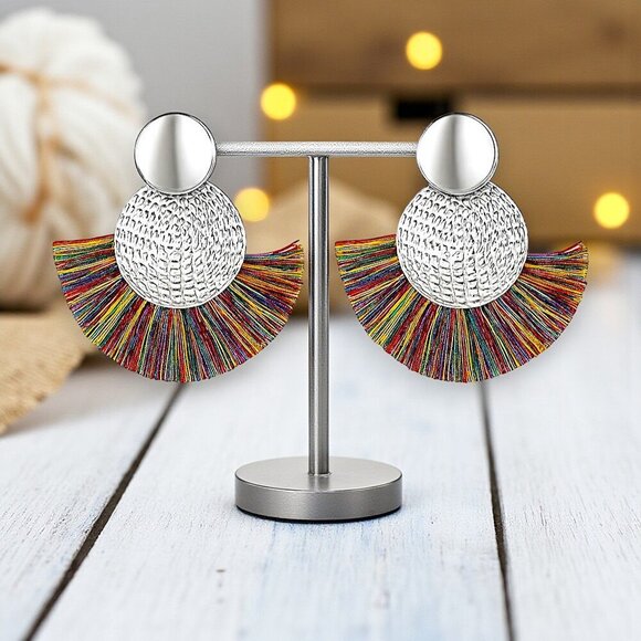🆕️Boho Chic Rainbow Fan Earrings - Statement Fringe Tassel Summer Style 🌈 - Picture 5 of 12